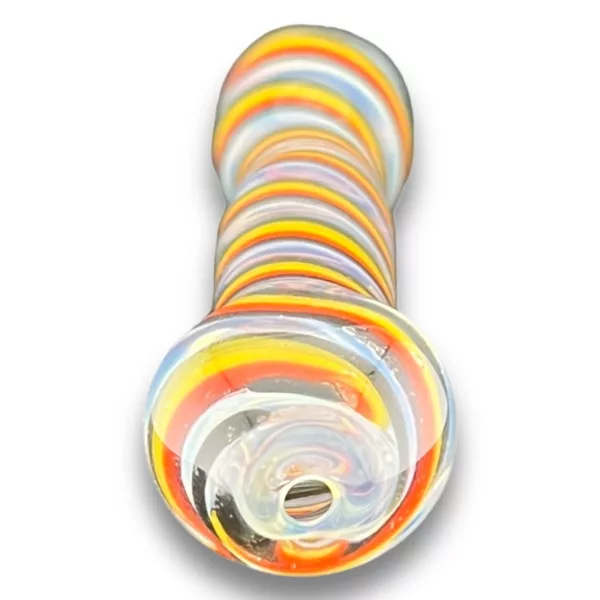 Vibrant, multi-colored spiral glass chillum with bold swirled pattern in shades of orange, yellow, and green.