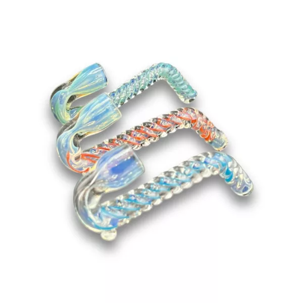Set of three glass pipes with colorful spiral designs on clear bases, connected by a single stem.