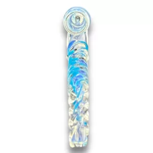 Clear glass chillum with blue and white swirl design, hangs on a hook, well-lit image.