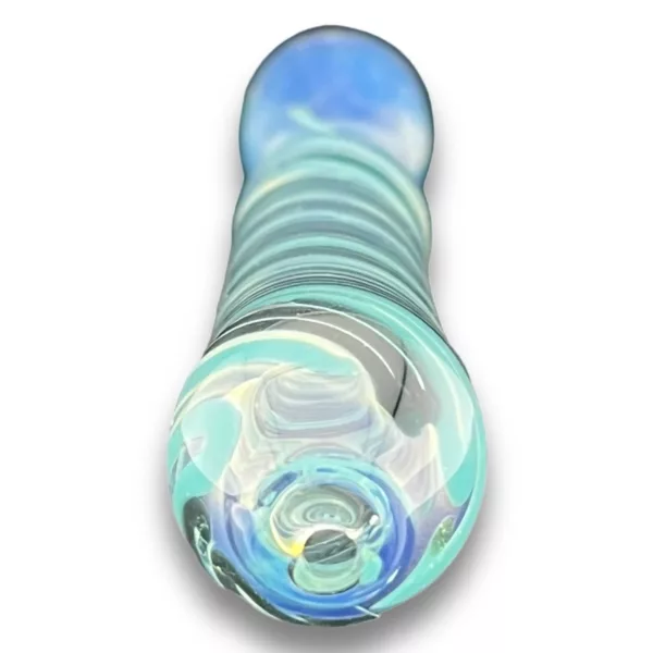 Swirled glass chillum with blue, green, and white design, perfect for display.