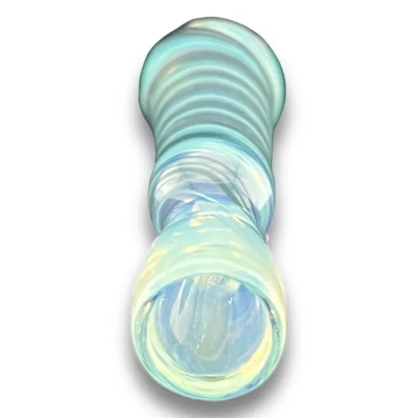 Handmade blue and white glass bong with unique swirling design. Perfect for chill sessions.