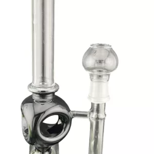 Clear glass bong with 14mm stem and globe percolator, sitting on white background. Perfect for smoking.