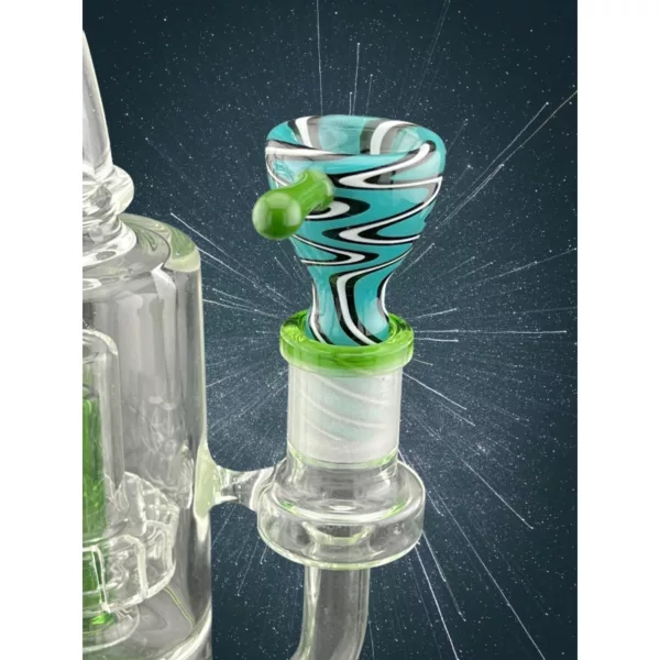 Stunning blue and white striped glass water pipe with clear stem and bowl. Perfect for any smoke setup.