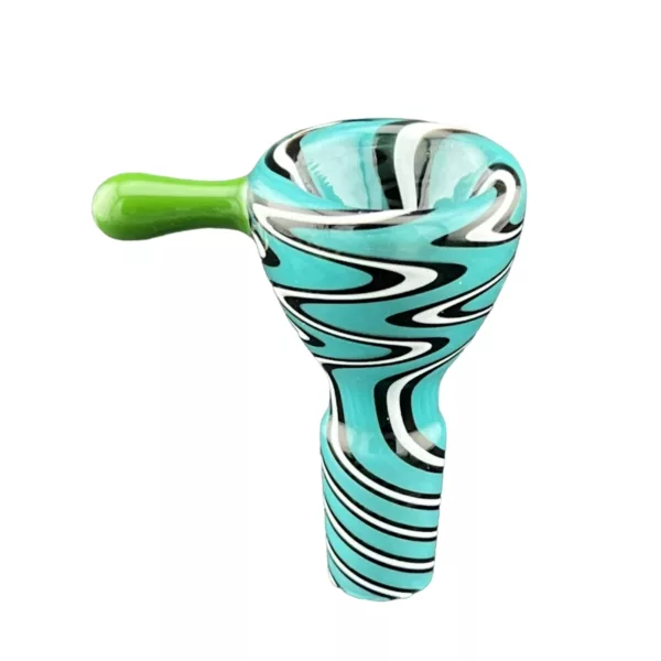 A glass pipe with blue and white stripes, green plastic handle, and clear glass bowl and stem connected by a circular joint.