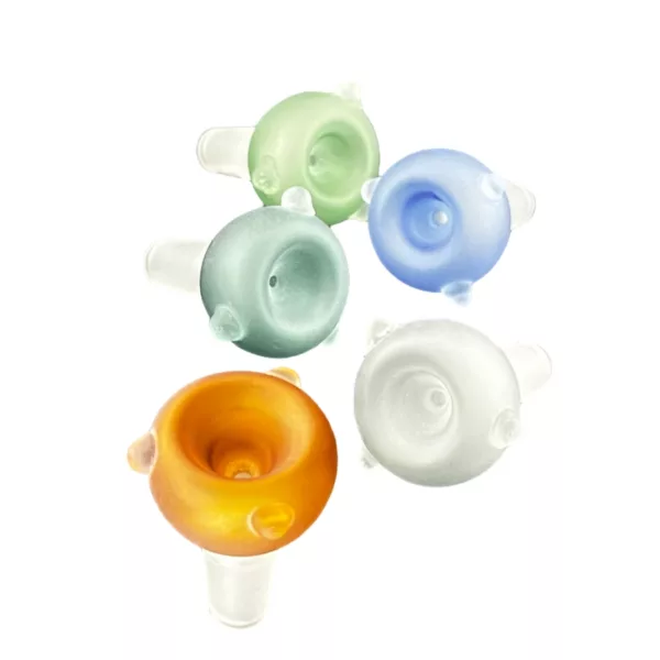 set of six glass beakers in different colors, arranged in a circle with transparent bodies and small handles of a different color. They sit on a white background.