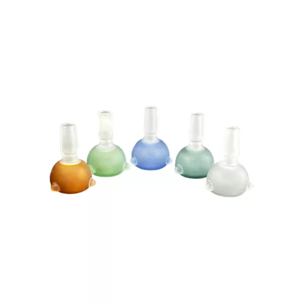 This image showcases a set of six Frosted Round Bowl vases in various sizes and colors, arranged in a circle on a white background. The vases have a clear glass design with a small amount of light blue water.