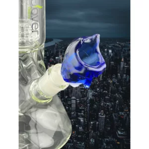 Handcrafted smoking pipe with blue bowl and clear stem, featuring a city skyline background. NN26814M.
