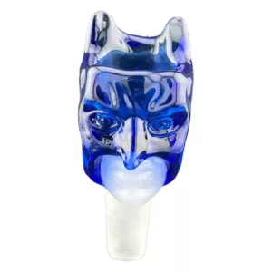 Transparent blue glass bowl with white bat head outline, red eyes and open mouth. NN26814M.
