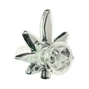 Clear glass cannabis leaf bowl with curved base and metal stem. Large leaf design at top, silver stem and base. NN145014M.