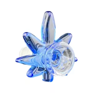 Blue glass cannabis leaf smoking pipe with transparent smoke-like appearance on white background.