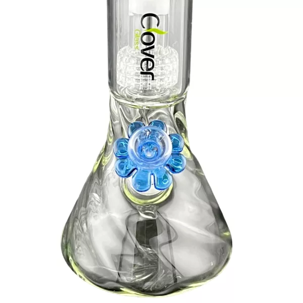 Clear glass bong with blue flower on top, available at NN67314M. Perfect for smoking enthusiasts.