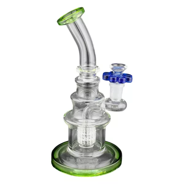 Glass male flower bowl with blue stem and green base. Small hole at top and indent for stem attachment.