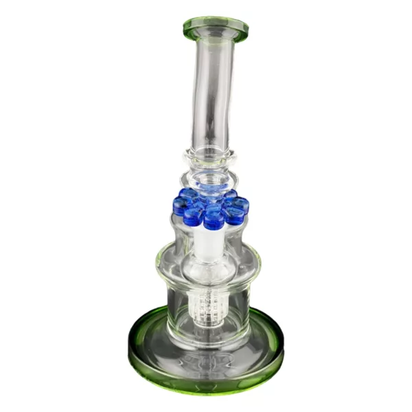Glass water pipe with blue stem, clear body, and a small amount of water. It has a ring on the bottom and is listed as Male Flower Bowl 14M - NN67314M on a smoking company website.
