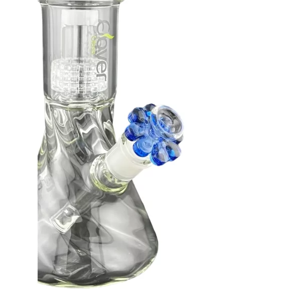 Clear acrylic and glass male flower bong with blue flower on base and large flat bottom. Includes small clear bowl.
