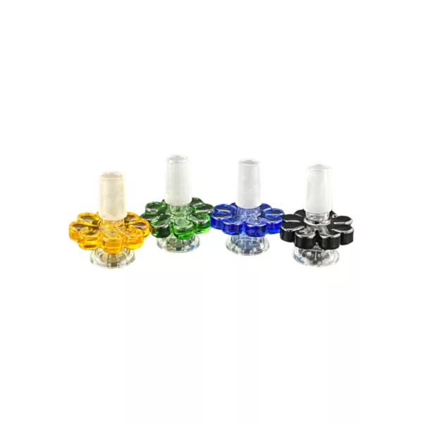 Four unique glass bongs with colored designs and silver stands. NN67314M.