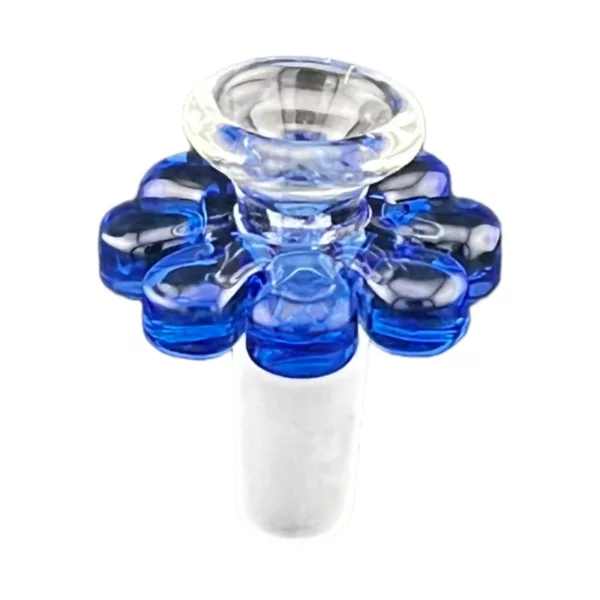 Clear glass smoking pipe with blue bead flower and knurled grip stem. Round bowl with slight taper. NN67314M.