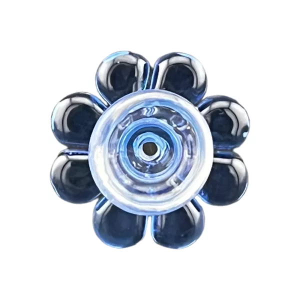 Glass male flower bowl with blue and white design, round shape and hole in the middle, full of smoke, listed on smoking company website.