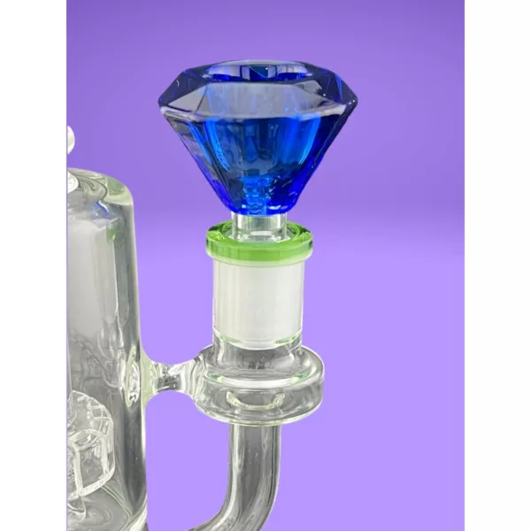 Stunning diamond-shaped glass bowl with blue gem and purple-blue gradient background. NN00314M.