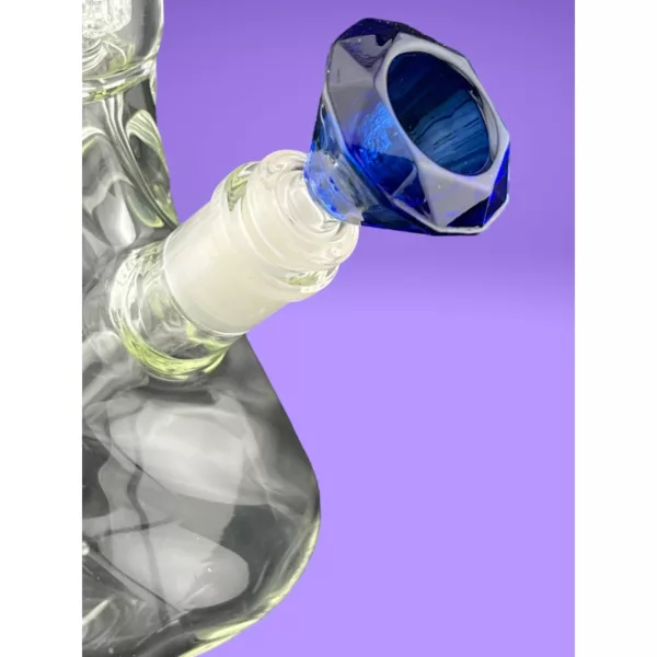 Clear glass smoking pipe with blue diamond on top, on purple background - NN00314M.