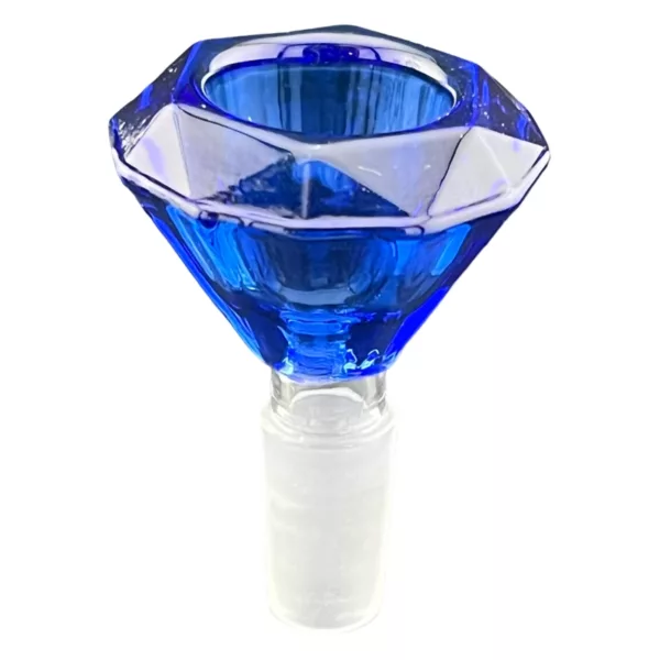 A blue hexagonal glass diamond with a clear plastic base and a pointed tip, sitting on a white surface.