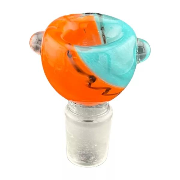 Stunning glass bowl with vibrant orange, blue, and yellow abstract design. Perfect for smoking, featuring a clear base and small handle.