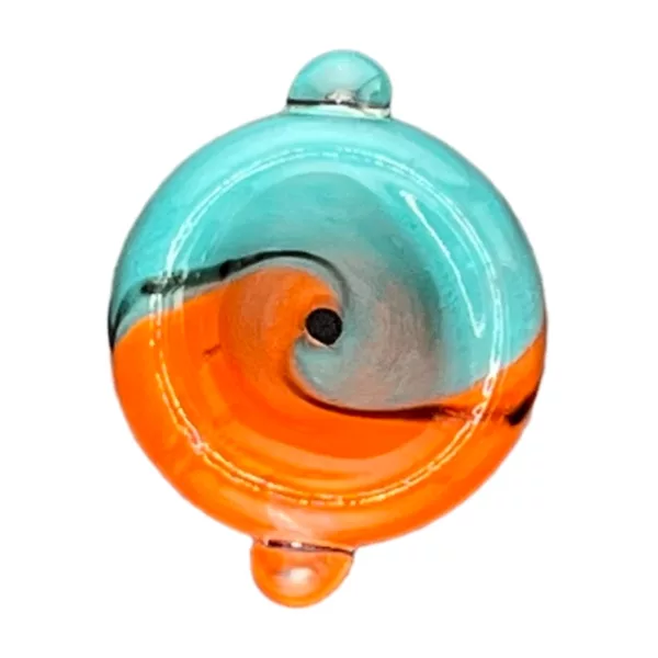 Colorful, swirling glass bowl with blue, orange, and white spiral design. Perfect for smoking.
