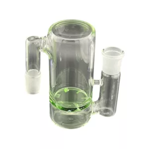 A glass smoking pipe with a clear glass tube, green handle, curved tube with small hole, plastic handle with small knob, sitting on a white background.