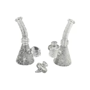 Elegant, high-quality glass smoking pipes with a bird-shaped mouthpiece and a bend in the stem. Bubbles on the surface add a unique touch. Professional and sophisticated design.