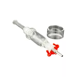 Plastic nectar collector kit with clear and orange ends, small hole for attachment and multiple holes for use.