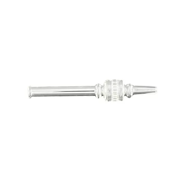 Clear glass honeycomb nectar collector with thin, elongated metal rod and small, smooth tip for easy extraction of honey.