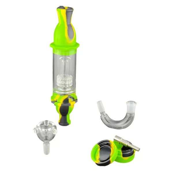 Silicone nectar collector kit with base, stem, bowl, and 2 percolators. Striped green and yellow design on clear glass components.