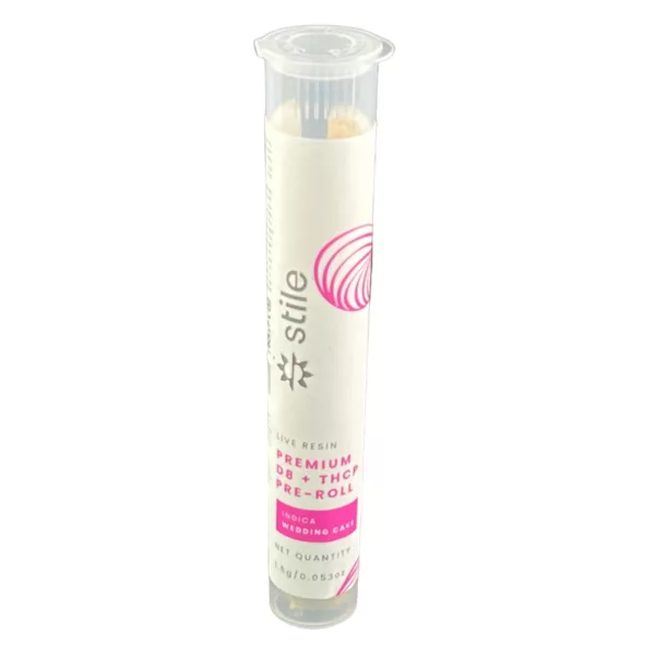 Clear plastic tube with pink cap, containing 1g of THCP+D8 preroll. No label on the tube. White background.