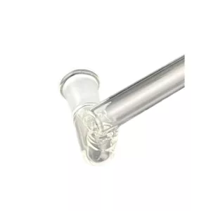 Heavy, clear glass tube with a cylindrical shape and a threaded base. Has a small hole at the top for a plastic piece with a stem. NN333Z.