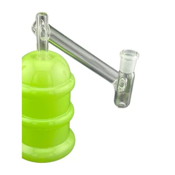 Clear plastic container with green lid and handle. Round shape, open top, and attached handle with a hinge. White background.