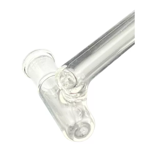 A clear glass reclaimer dropdown with machinery at the top and a curved pipe at the bottom, listed on a smoking company website.