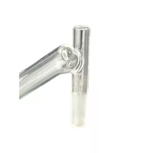 clear glass pipe with a small hole and metal clamp for holding it in place.