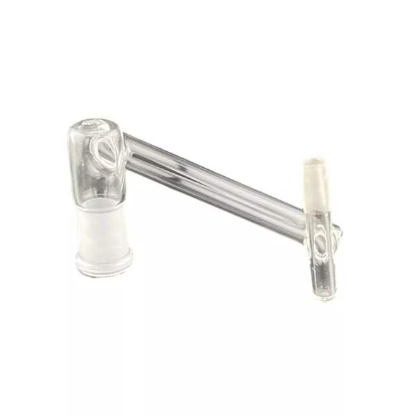 Clear glass reclaimer dropdown with handle and small hole, held up by metal rod. Small droplets of liquid on surface.