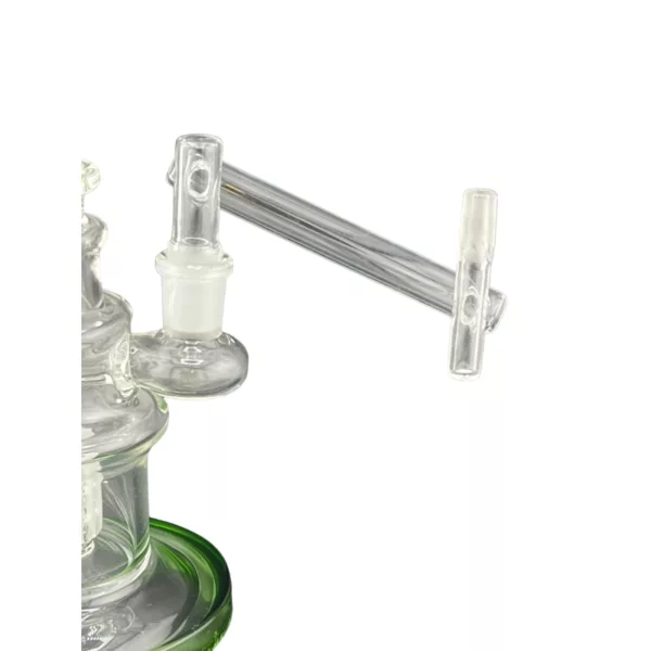 Clear glass waterpipe with plastic stem and perforated bowl, connected to a transparent stand. NN282.
