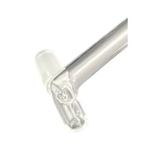 Clear glass smoking pipe with metal base and 90 degree bend, designed for smoking cannabis.