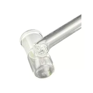 A clear glass pipe with a long, curved stem and small, round base, sitting on a white background.