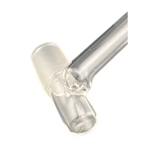 A clear glass pipe with a small hole at the end, producing smoke.