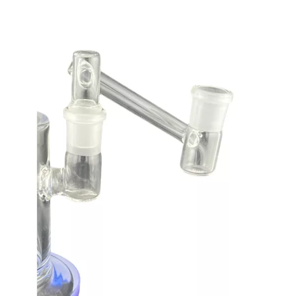 Glassware piece for smoking & holding liquid, blue top & clear body with 3 metal openings connected by clear tubing.