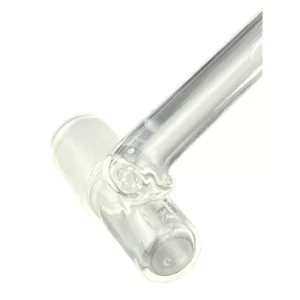 Clear glass water pipe with white stem and base, featuring two smaller tubes and a round mouthpiece. No identifying marks or logos.