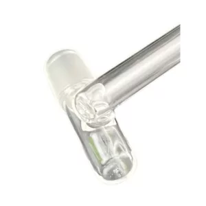 clear glass pipe with a small, clear glass tube attached to the end, bent at a 90 degree angle and sitting on a white background.