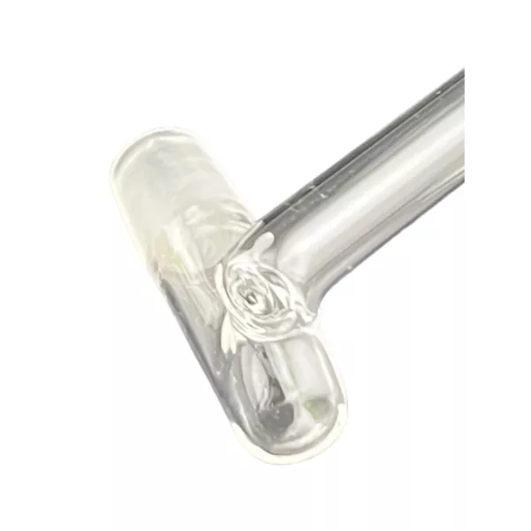 Clear glass pipe with small hole at end, NN284, sitting on white background.