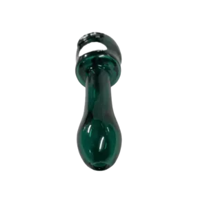 A glass pipe with a black base and clear, curved shaft, positioned in a side view with the tip pointing upwards. The base has a small hole in the center and the background is solid green.