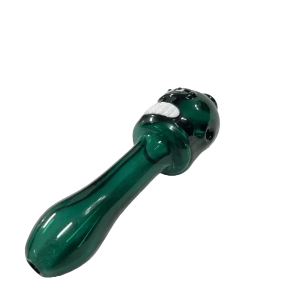 A green glass bong with a long tube, two small holes, a small mouthpiece, and a large base with a hole in the center and a small knob on the side.