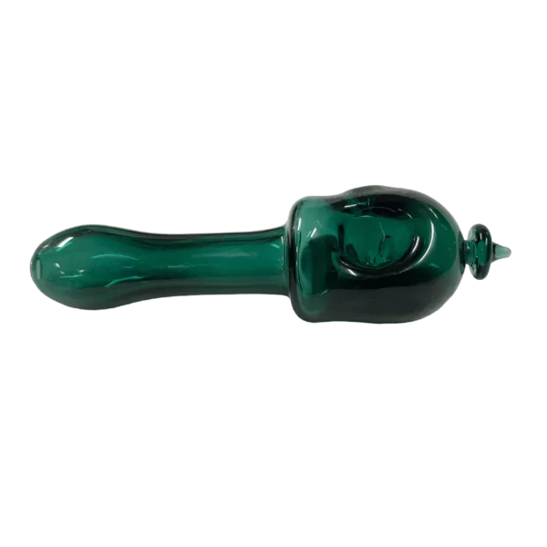 Glass pipe with curved neck, transparent stem & bowl, decorated with smiley face & green stripe, says Smoke Company in white.