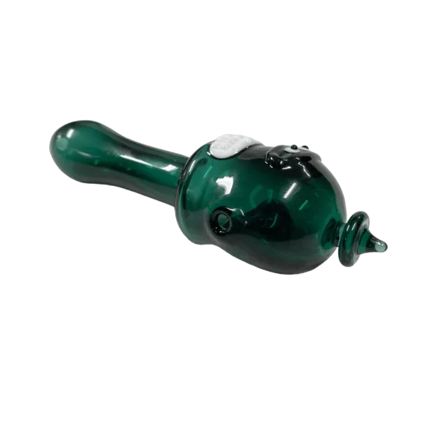 Green glass bong with curved neck, round base, clear mouthpiece, and circular hole in base. Smooth, glossy surface. Green background.