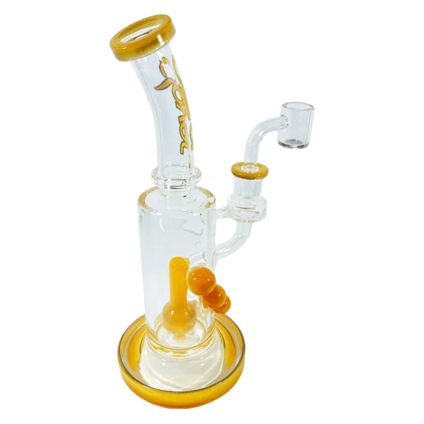 The Spiral Marbles Water Pipe features a sleek and modern design with a yellow handle, clear glass stem, and two connected bowls for smoking cannabis.